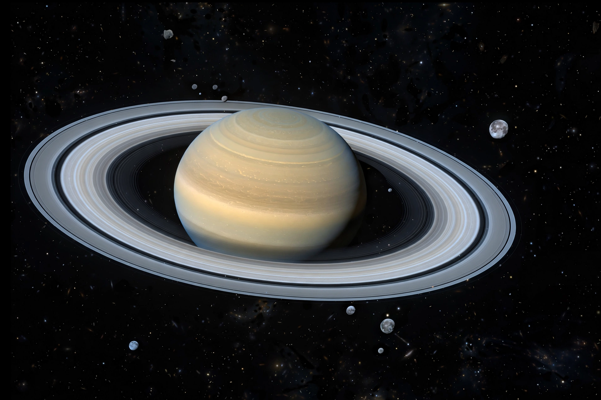Saturn with its rings surrounded by a swarm of small moons