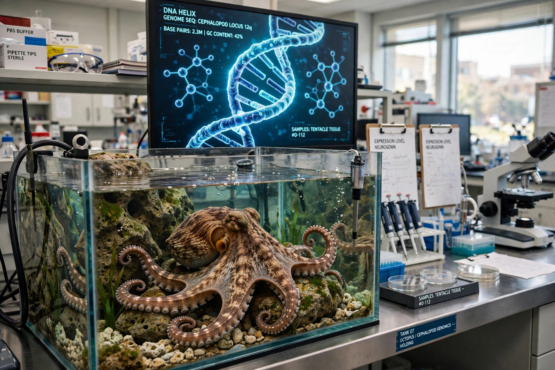 Octopus in a research aquarium with a glowing 3D DNA structure visualisation