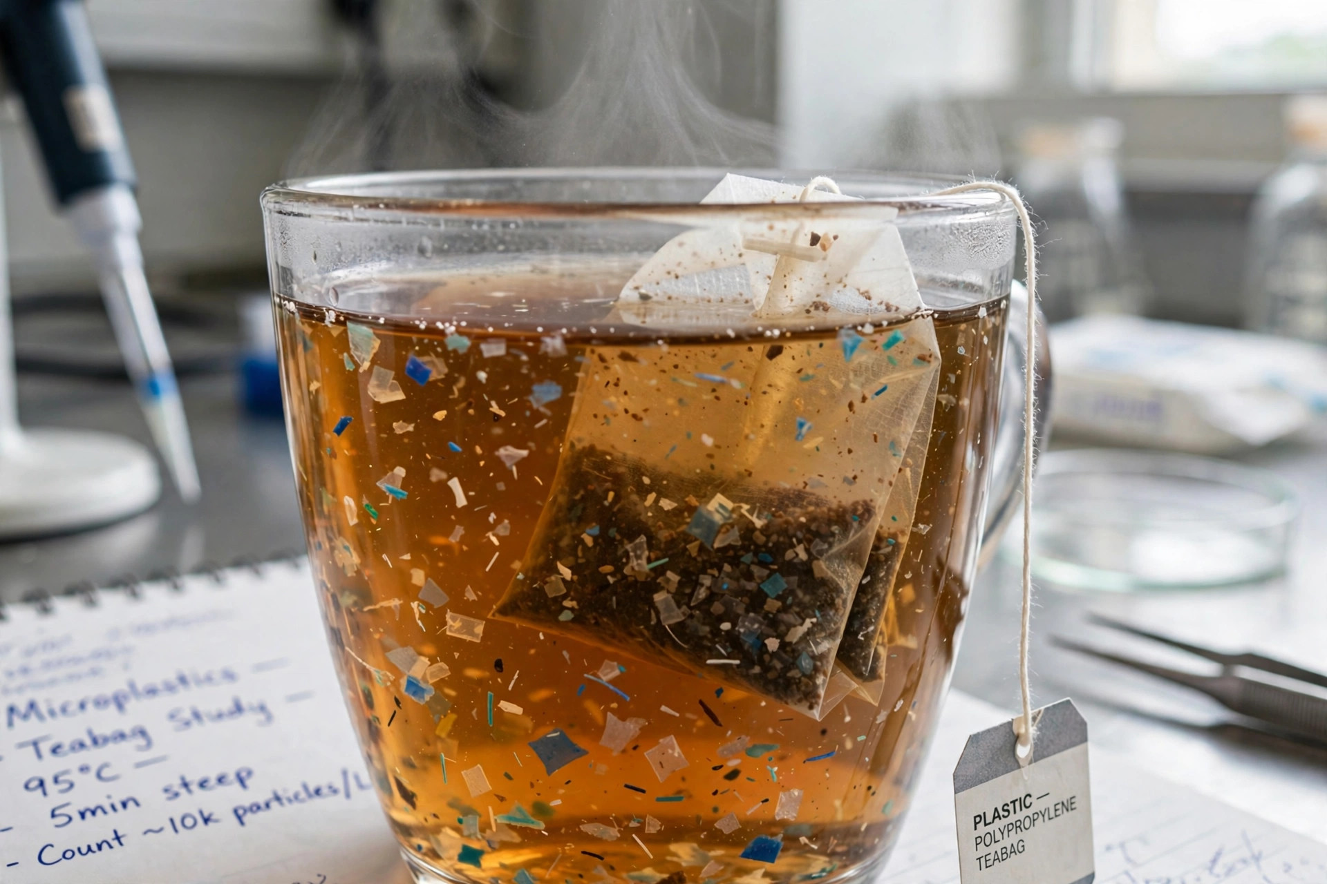 Plastic tea bag steeping in a glass cup of tea with microplastic particles highlighted